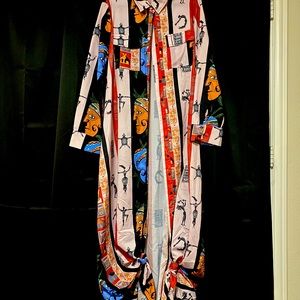 African print button down dress.